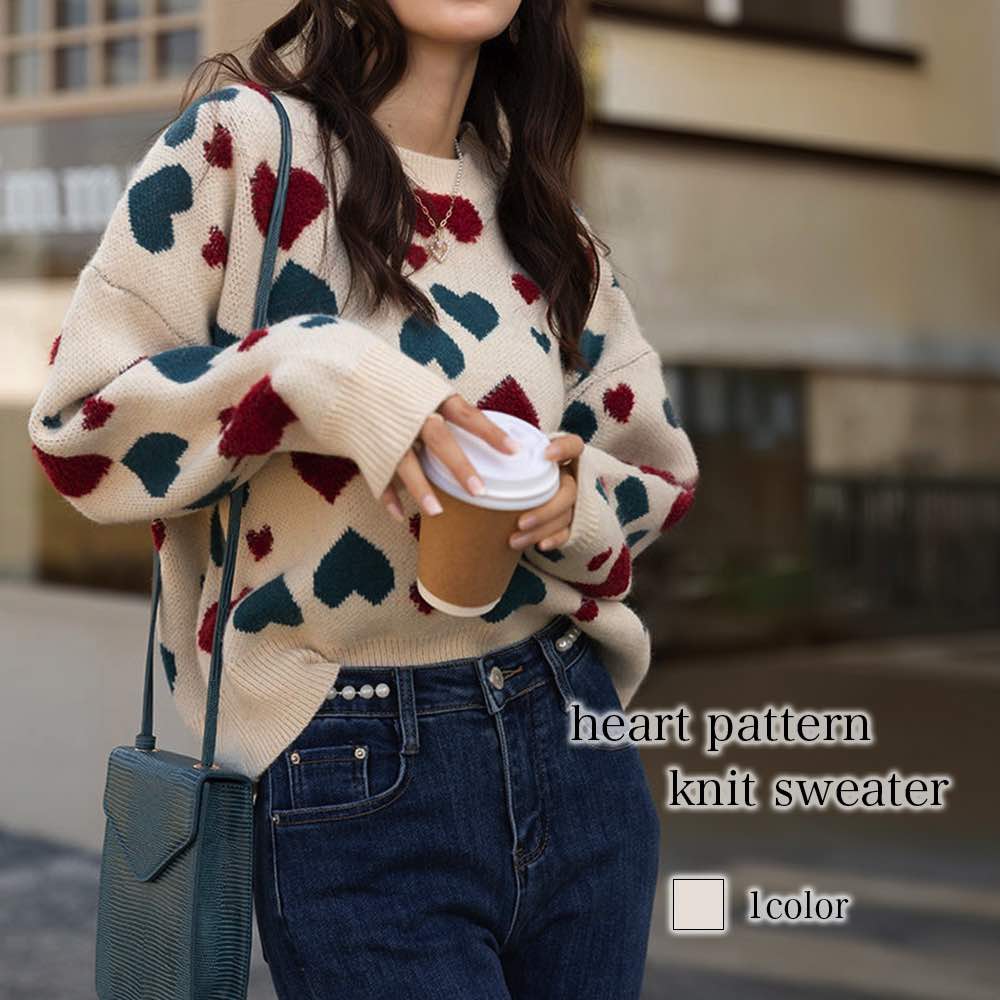 セーター レディース ハート柄ニットセーター 秋 ゆる おしゃれ かわいい 柄 タートルネック 長袖 黒 洗える ニット ケーブル編み ふわふわ 厚手 ざっくり...