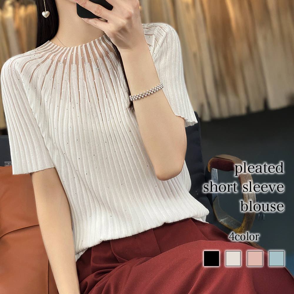 ブラウスレディースプリーツ半袖ブラ...