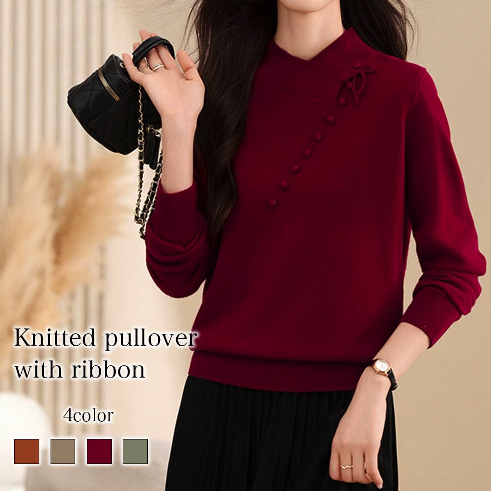 ブラウスレディースリボン付きニット...