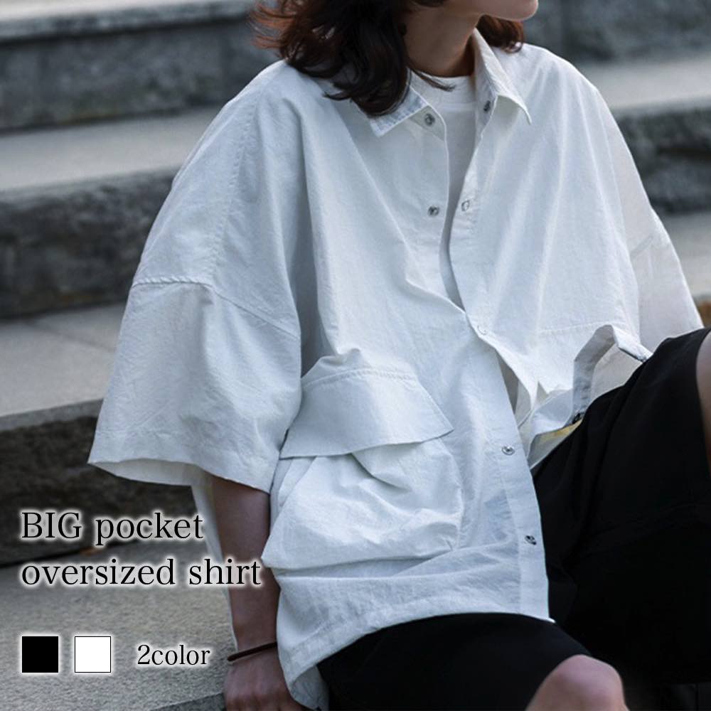 シャツ レディース BIGポケットオーバーサイズシャツ Tシャツ 夏 スポーツ 春 しわになりにくい オフィス カジュアル おしゃれ カットソー ゆったり 大人 襟付き ブラウス トップス 白 かわいい ポロシャツ ブランド 事務服 半袖 形態安定 ボタンシャツ シャツブラウス