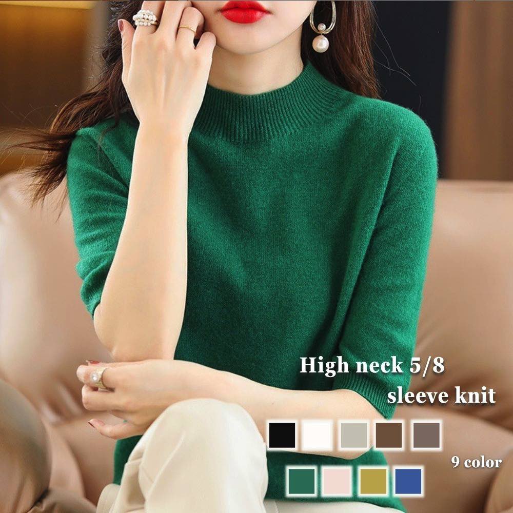 シャツ レディース ハイネック5分袖ニット おしゃれ ボタンシャツ 形態安定 スポーツ オフィス 春 Tシャツ カットソー ブラウス ブランド かわいい ポロシャツ しわになりにくい シャツブラウス トップス 大人 事務服 ゆったり カジュアル 襟付き 半袖 夏 白 麻