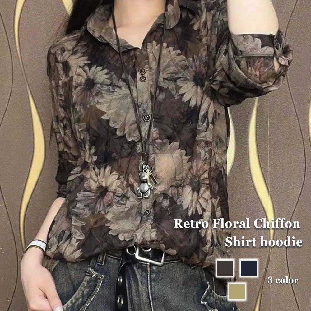 シャツレディースレトロ花柄シフォン...