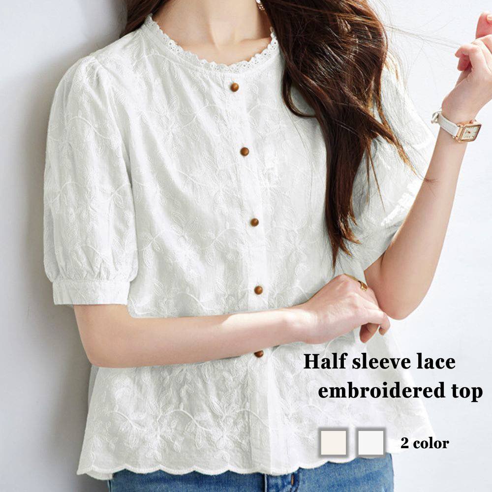 ブラウス レディース 5分袖レース刺繍トップス レース スーツ オフィス 夏 白 涼しい きれいめ 大きいサイズ カジュアル リボン 春 フリル ブランド ノーアイロン 薄手 シフォン 事務服 半袖 カットソー 人気 フォーマル シャツ 50代 Tシャツ 高品質 おしゃれ