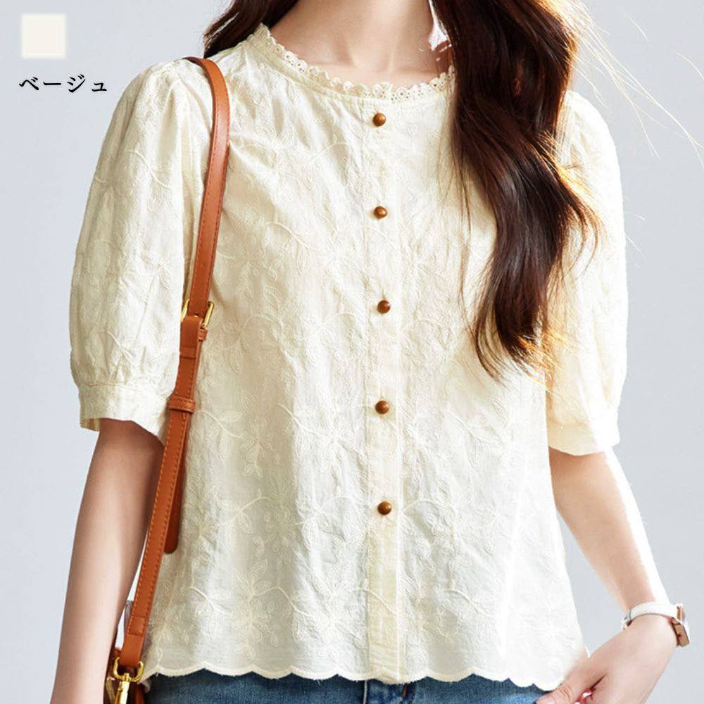 【＼クーポン利用で20%OFF!／】 ブラウス レディース 5分袖レース刺繍トップス レース スーツ オフィス 夏 白 涼しい きれいめ 大きいサイズ カジュアル リボン 春 フリル ブランド ノーアイロン 薄手 シフォン 事務服 半袖 カットソー 人気 フォーマル