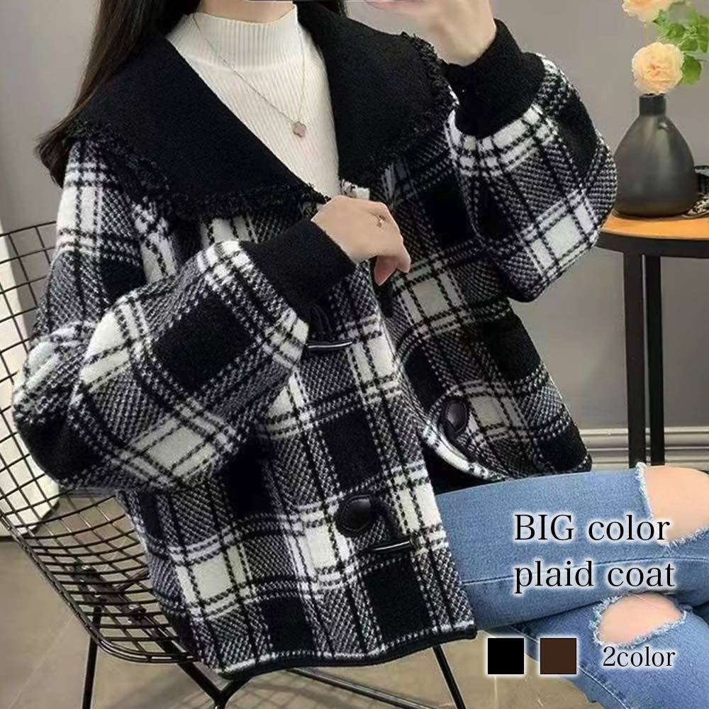 Turn-Down Collar Coat - チェスターコート レディース BIGカラーチェック柄コート キャメル トレンチコート 細身 ロング ステンカラーコート ショート丈 コート 着こなし 秋 ロングコート 軽い 暖かい 人気 大きいサイズ 服 40代 英国 ダブル 春 ショート ブランド 50代 アウター チェック