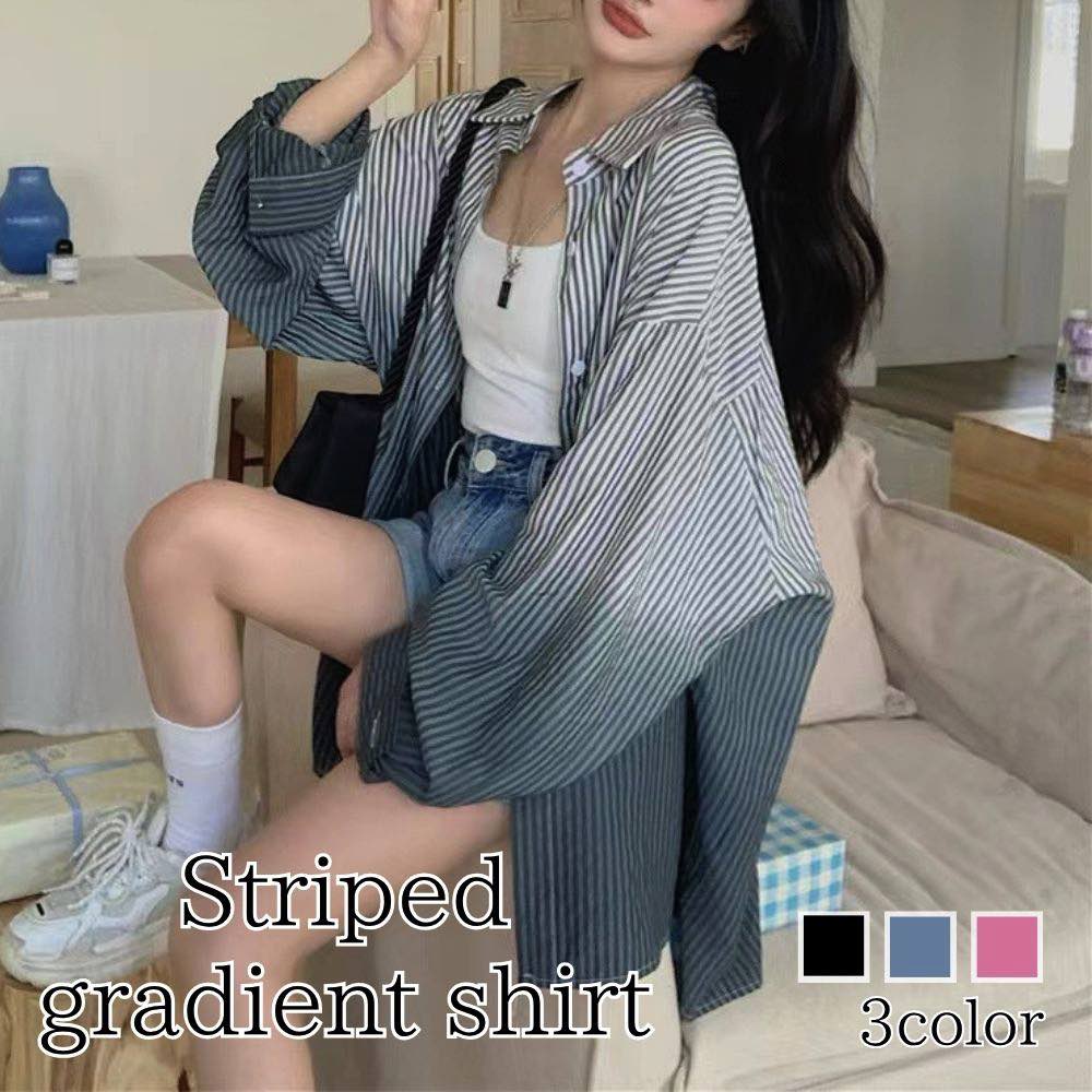 シャツ レディース ストライプ柄グラデーションシャツ しわになりにくい かわいい ロゴ Tシャツ 冬 暖かい トップス カットソー ランニング ブランド ポロシャツ カジュアル 麻 事務服 長袖 ゆったり スポーツ 秋 形態安定 襟付き オフィス おしゃれ 春 厚手 ブラウス