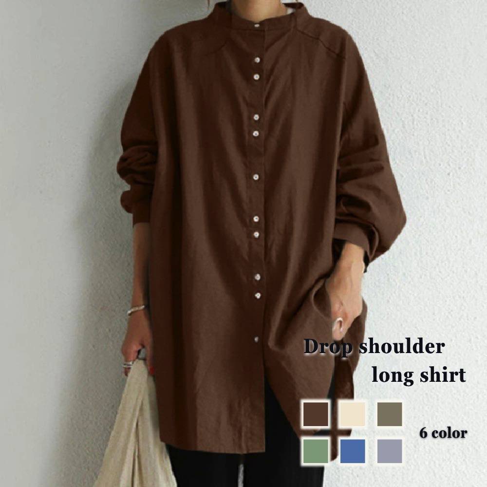 Long-Sleeved - シャツ レディース ドロップショルダーロングシャツ 長袖 冬 事務服 暖かい ランニング ゆったり ロゴ カジュアル 春 ポロシャツ しわになりにくい 襟付き トップス 厚手 スポーツ 大人 形態安定 オフィス おしゃれ ブランド Tシャツ 麻 ブラウス 秋 かわいい カットソ