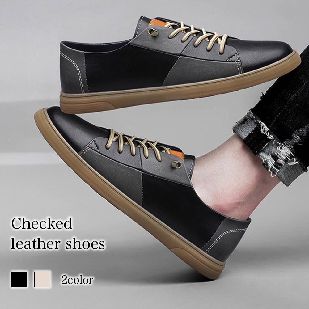 スニーカー メンズ チェック柄レザーシューズ ハイカット 白 高い 靴紐 春 夏 身長UP 革 冬 幅広 4E 秋 シークレットシューズ ウォーキング ランニング 黒 おしゃれ 赤 本革 ローカット 軽量 かかとなし 結ばない ブラック 疲れない マジック ホワイト 厚底 レザ