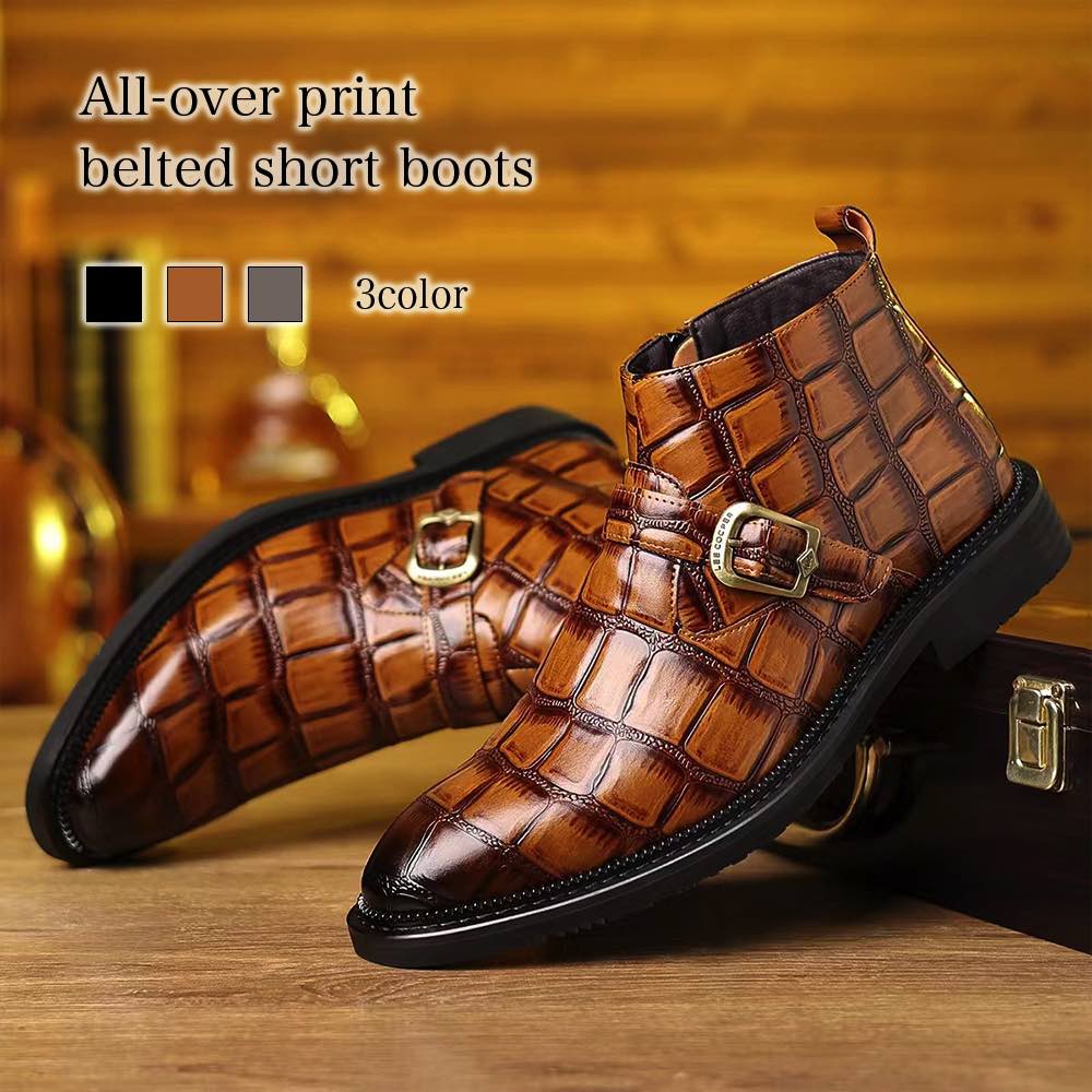 ビジネスシューズ メンズ 総柄ベルトショートブーツ ウォーキング 厚底 スニーカー おすすめ 防水 秋 春 紳士靴 革靴 ストレートチップ 夏 ブーツ 冬 歩きやすい 靴 ブランド レザー 走れる 安い 人気 ショートブーツ 革 おしゃれ 滑らない カジュアル ON OFF 軽量