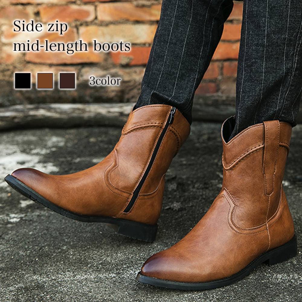 ブーツ メンズ サイドジップミドル丈ブーツ 冬 完全 ファスナー 革 暖かい 本革 セット レザー シューズ 滑らない あったか 防寒 モード 防水 スエード 軽い 人気 幅広 大人 秋 ブランド 黒 ジッパー ブーツ 夏 靴 春 フロント ワーク サイドジップ ハイカット ロング