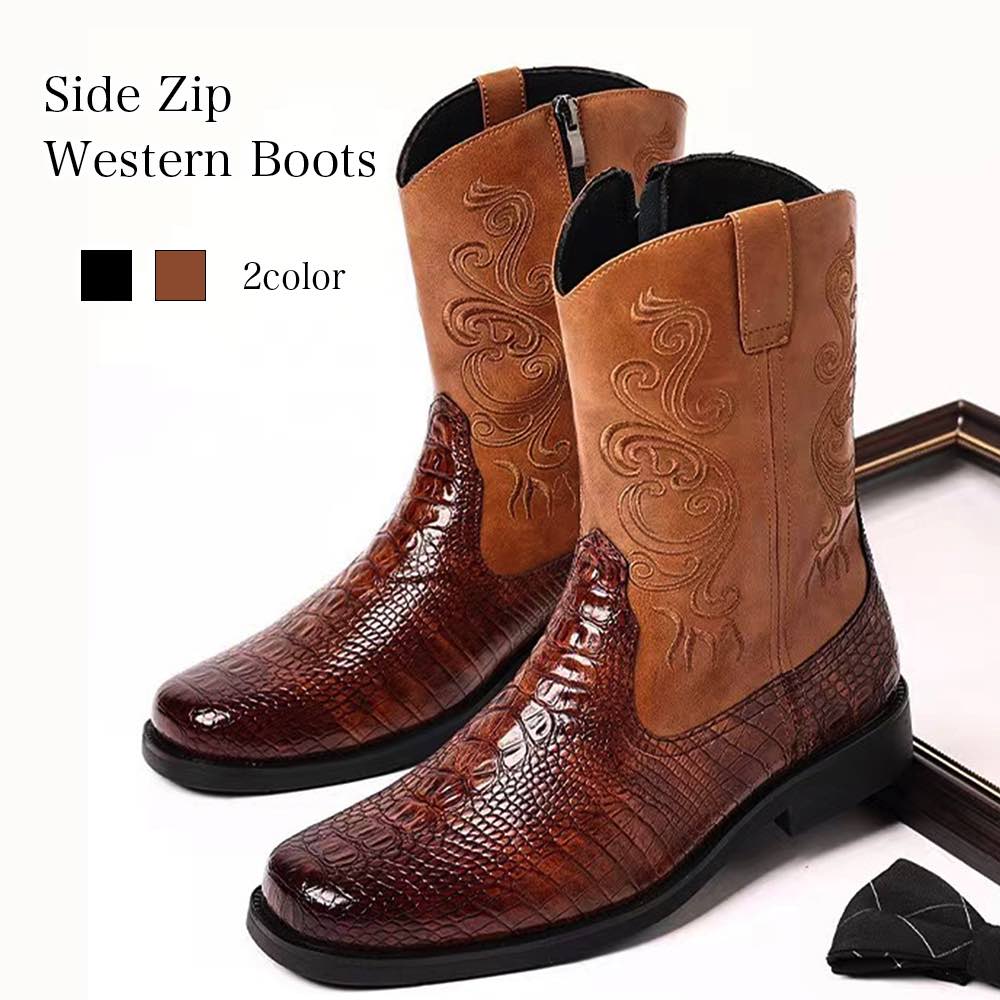 ブーツ メンズ サイドジップウエスタンブーツ 靴 防水 フロント ハイカット ファスナー ジッパー 春 あったか 黒 モード 秋 サイドジップ 夏 ワーク 滑らない 洗える 冬 革 防寒 完全 暖かい 幅広 セット スエード 軽い ブーツ レザー ルーム シューズ ブランド ロング