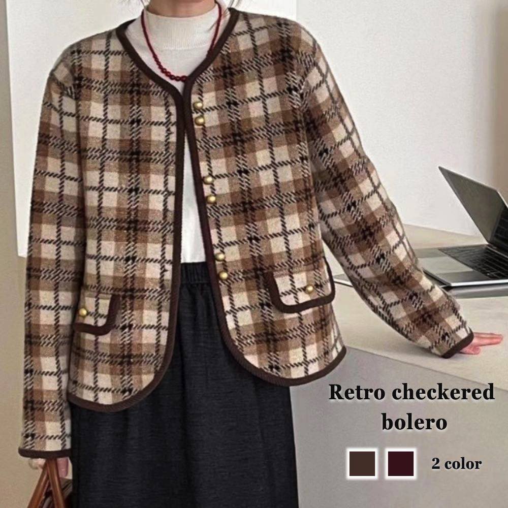 Rakuten - スーパーセール タイムセール SALE カーディガン レディース レトロ風チェック柄ボレロ ジャケット ウール 丸首 ゆったり ニット 春 大きいサイズ 暖かい 長袖 ケーブル Vネック おしゃれ 厚手 冬 黒 オフィス 人気 あったか ブラック 秋 ロング ブランド フリー
