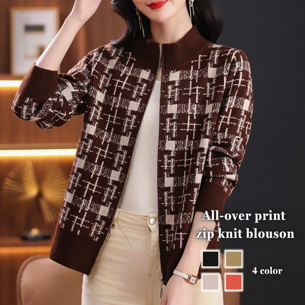 ブルゾンレディース総柄ジップニット...