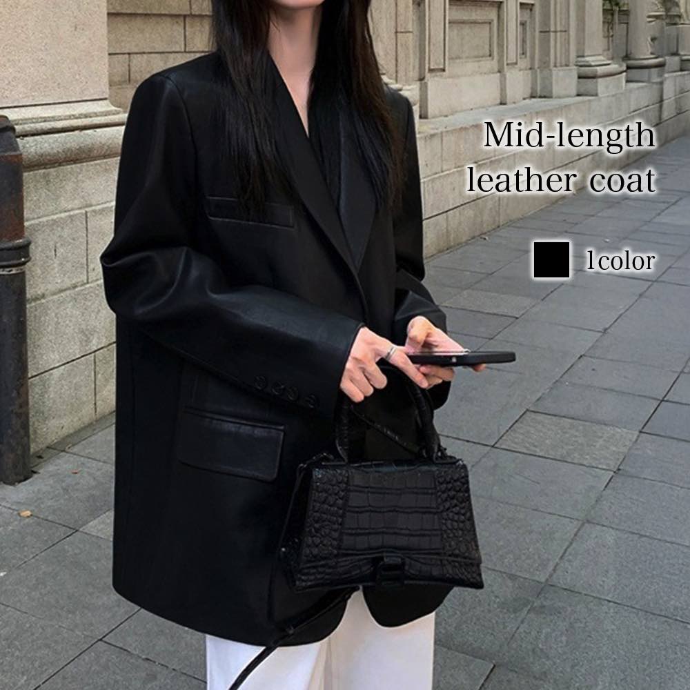 【商品名】ミドル丈レザーコート【カラー】ブラック【サイズ】S M L XL【サイズ表記】・Sサイズ:着丈66 身幅92 肩幅37 袖丈57・Mサイズ:着丈67 身幅96 肩幅38 袖丈58・Lサイズ:着丈68 身幅100 肩幅39 袖丈59...