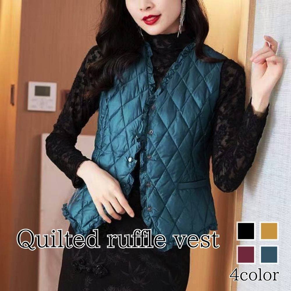 【\クーポン利用で20%OFF!/】 ベスト レディース キルティングフリルベスト アーガイル シニア 前開き 冬 スーツ おしゃれ 人気 スポーツ アウター ...
