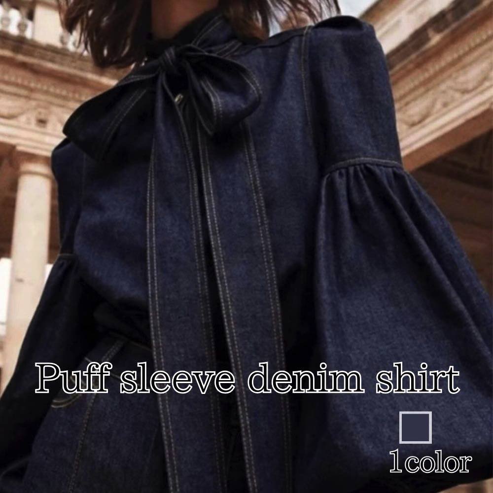 ブラウスレディースパフスリーブデニ...