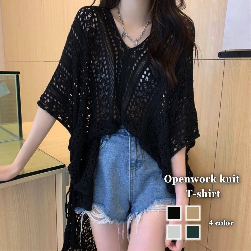 【＼クーポン利用で20%OFF!／】 ブラウス レディース 透かし編みニットTシャツ カットソー 事務服 春 フォーマル オフィス スーツ ノーアイロン レース カジュアル 50代 リボン 高品質 フリル 半袖 涼しい 大きいサイズ おしゃれ シフォン 人気 Tシャツ 薄手