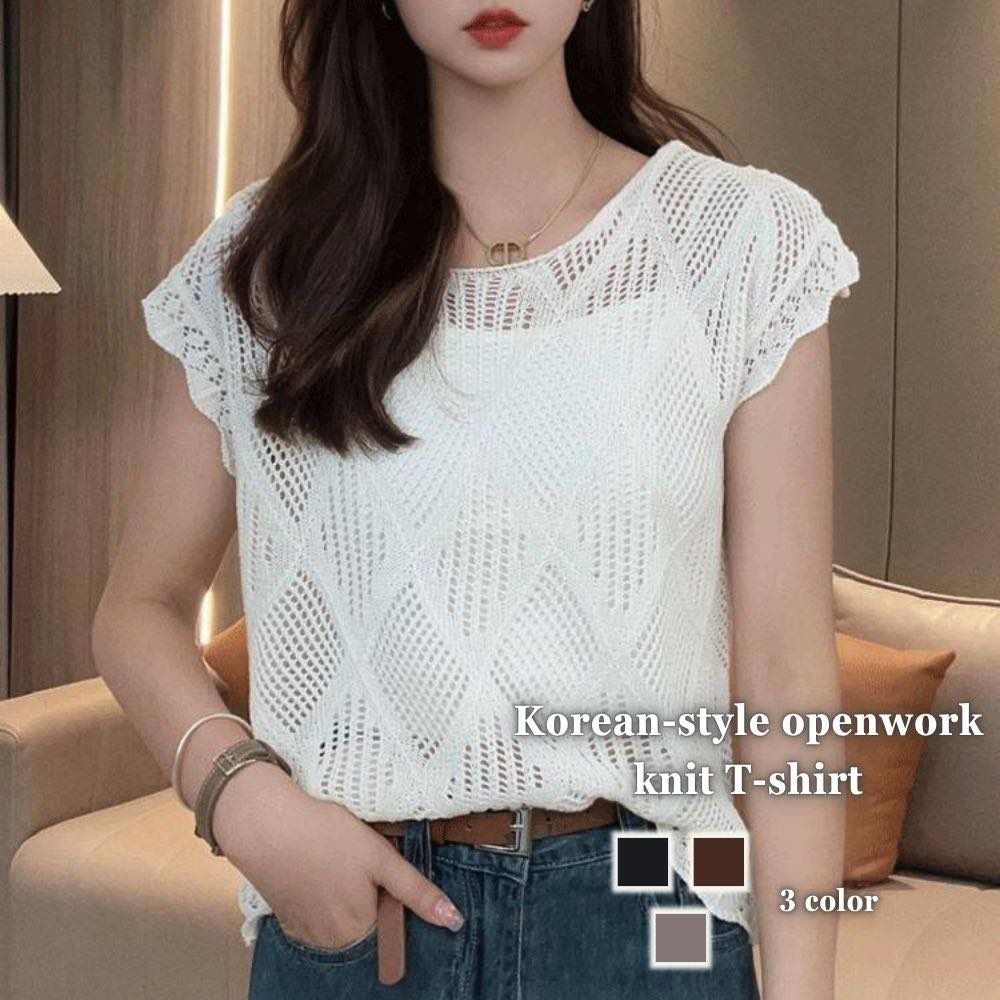 Rakuten - 【＼クーポン利用で20%OFF!／】 Tシャツ レディース 韓国風透かし編みTシャツ 夏 ブラウス 40代 ティーシャツ ジム ゆったり スポーツ ブランド 人気 かわいい 涼しい 大人 カジュアル ブラック ロゴ おしゃれ 春 5分袖 薄手 Vネック トレーナー 7分袖