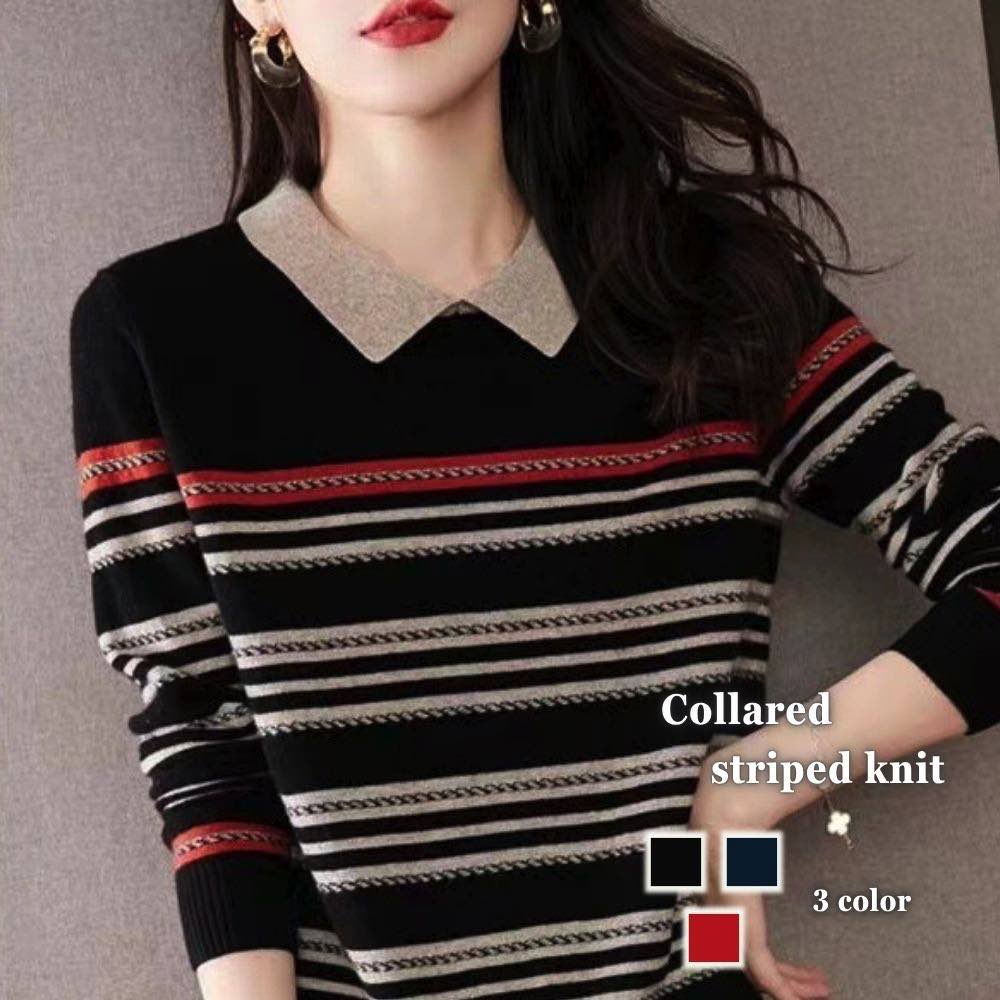 シャツレディース襟付きボーダーニッ...