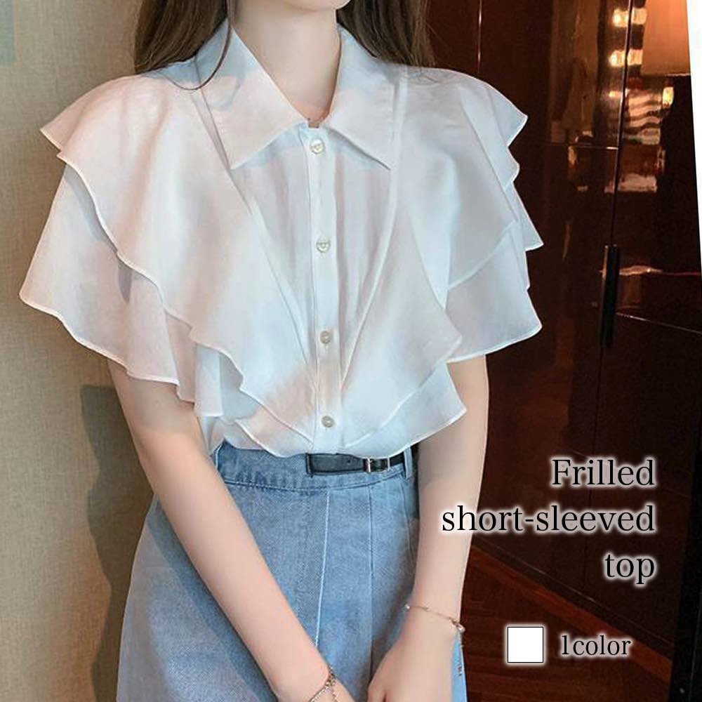 Rakuten - ブラウス レディース フリル半袖トップス カジュアル レース シャツ Tシャツ 50代 オフィス 涼しい 高品質 カットソー ブランド 事務服 大きいサイズ リボン 薄手 夏 シフォン きれいめ ノーアイロン フリル スーツ おしゃれ 人気 春 半袖 白 フォーマル