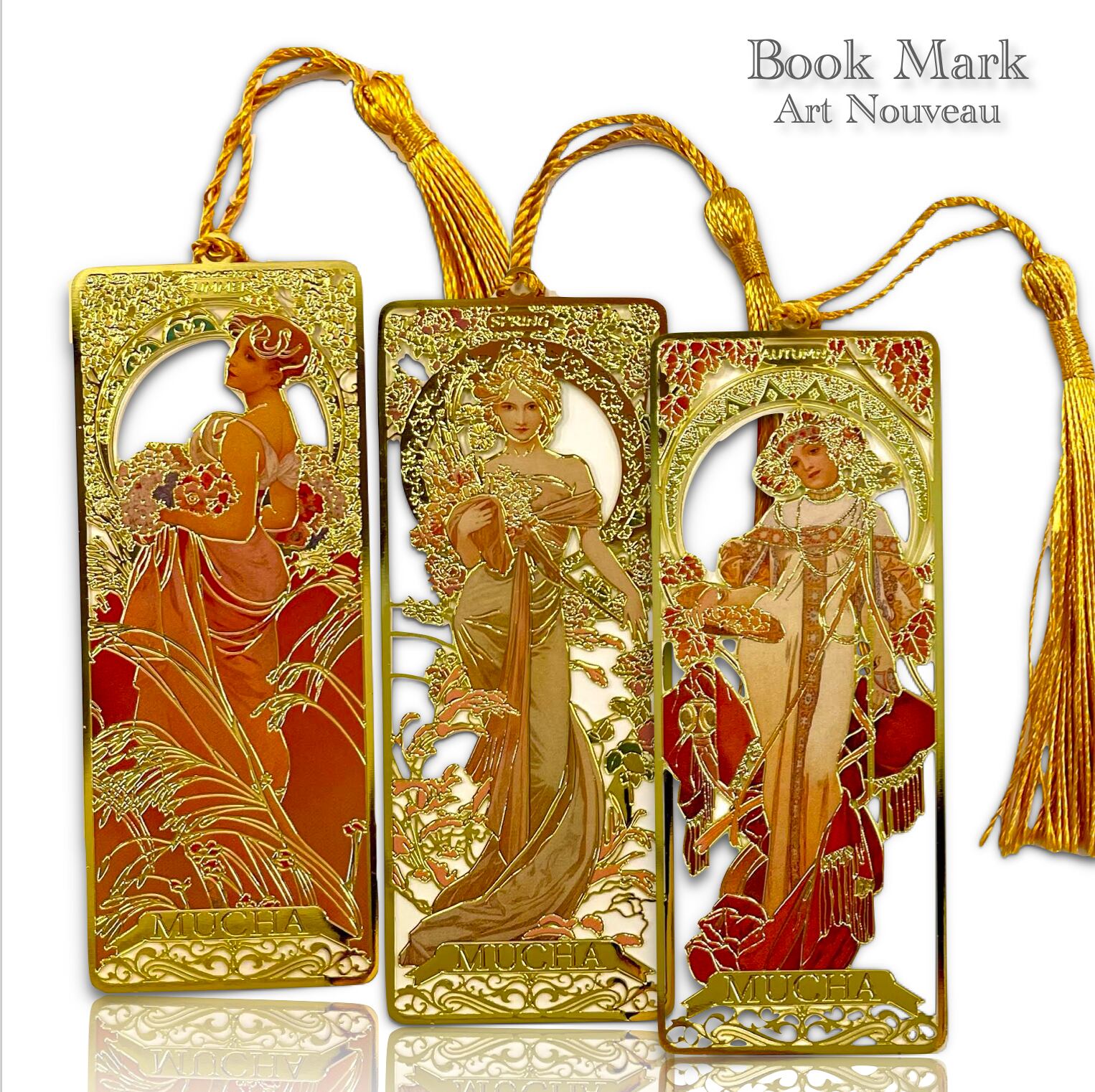 【 アルフォンス・ミュシャ ブックマーク 】タッセル付 しおり 読書 本 美術 展示 四季 テキスト ノート アール・ヌーヴォー フランス パリ 草 花 果実 ...