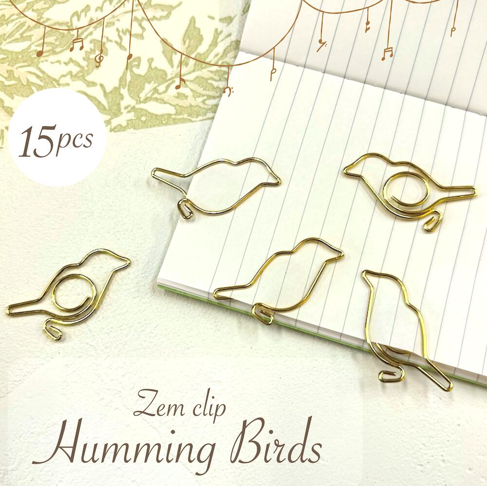 【ハミング バード ゼムクリップ】15個入り ゴールド ペーパークリップ メタリック 事務用品 ラッピング ハッピー 学校 メッセージカード ブックマーク モチ...