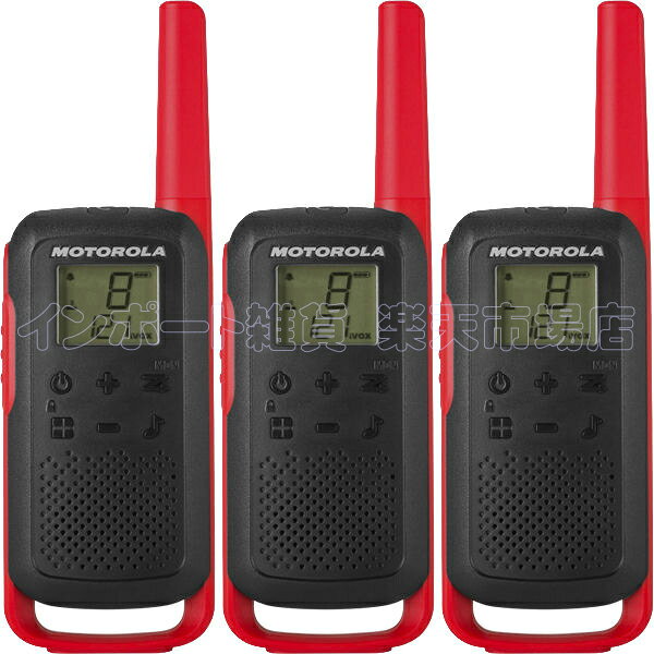 Motorola Talkabout® トランシーバー T210TP 3台セット ■ブランド： MOTOROLA 最新型　T210TP トランシーバー 3台セット 新品未開封 ■性能： 最大通信距離 32キロ (メーカー公表値ですので、実際の交信距離はご使用環境/状況により異なります。) VOX/iVOXハンズフリー機能 22チャンネル(FRS/GMRS) 121プライバシーコード 20種類の呼び出し音 オートスケルチ機能 タイムアウトタイマー機能 ローバッテリーアラート機能 北米仕様(海外旅行に) イヤホンジャック付 単三電池3本でも作動(別売り。ご自身でご用意下さい。) ■付属品： トランシーバー本体×3 ベルトクリップ×3 バッテリーパック×3 充電用アダプターケーブル×2 英語説明書 （日本語の説明書はメールでのみお送り可能です。必要な方は、メールでのみご請求お願いします。お電話でのご請求はお受けしておりません。） 通信距離について障害物や電波干渉がある場合、大幅に短くなる場合がございます。 この商品は米国規格のトランシーバーとなっております。 日本でのご使用は法律で禁止されております。 海外旅行、海外出張の滞在中にご利用下さい。 ご購入後のご使用に関してはこちらでは一切責任を負えません。 メーカーの改良により多少仕様が変更になる場合が御座います。 ご了承の上ご購入お願いします。 メーカー：MOTOROLA（アメリカ） 原産国：中国製