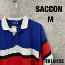 【中古】SASSON サッソーン ブルー レッド グレー ポロシャツ 半袖 メンズ M 夏服 マルチカラー ボタン 袖ゴム 古着 TK10152