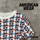 【中古】AMERICANWEAR ホワイト Tシャツ 半袖 クルーネック メンズ 夏服 総柄 DISTRIBUTION キャラクター 古着 TK10159