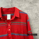 【中古】MEN's レッド ポロシャツ 半袖 メンズ M 夏服 ボーダー 胸ポケット ボタン RN36543 古着 TK10169