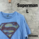 【中古】Superman スーパーマン ブルー Tシャツ 半袖 L メンズ コットン クルーネック ヒーロー キャラクター ビッグプリント 古着 TK10355