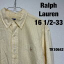 【中古】Ralph Lauren 16 1/2 ラルフローレン ワイシャツ 長袖 イエロー ストライプ カジュアル 刺繍 USA 古着 TK10642