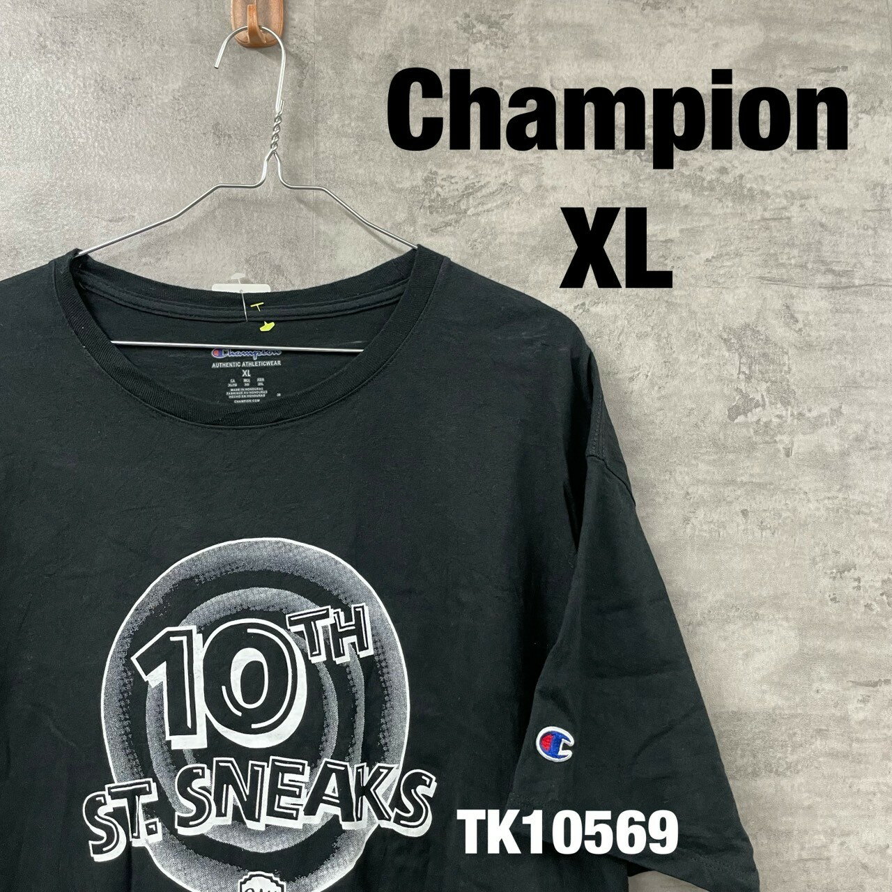 【中古】Champion チャンピオン Tシャツ ブラック 半袖 クルーネック メンズ XL プリントデザイン 袖ロゴ CP10BK USA 海外輸入 古着 TK10569