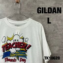 【中古】GILDAN ギルダン Tシャツ ホワイト 半袖 クルーネック メンズ L プリントデザイン 薄手 イラスト USA 海外輸入 古着 TK10628