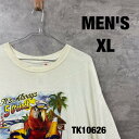 【中古】MEN's Tシャツ オフホワイト 半袖 クルーネック メンズ プリントデザイン オウム イラスト リーボスビーチ USA 海外輸入 古着 TK1062...