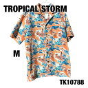 【中古】TROPICAL Storm 半袖 アロハシャツ M ヤシの木 総柄 オレンジ 春夏 トップス 古着 TK10788