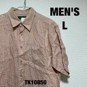 【中古】日本製 半袖シャツ L サーモンピンク 刺繍 無地 春夏 メンズ Made in Japan 麻 古着 TK10850