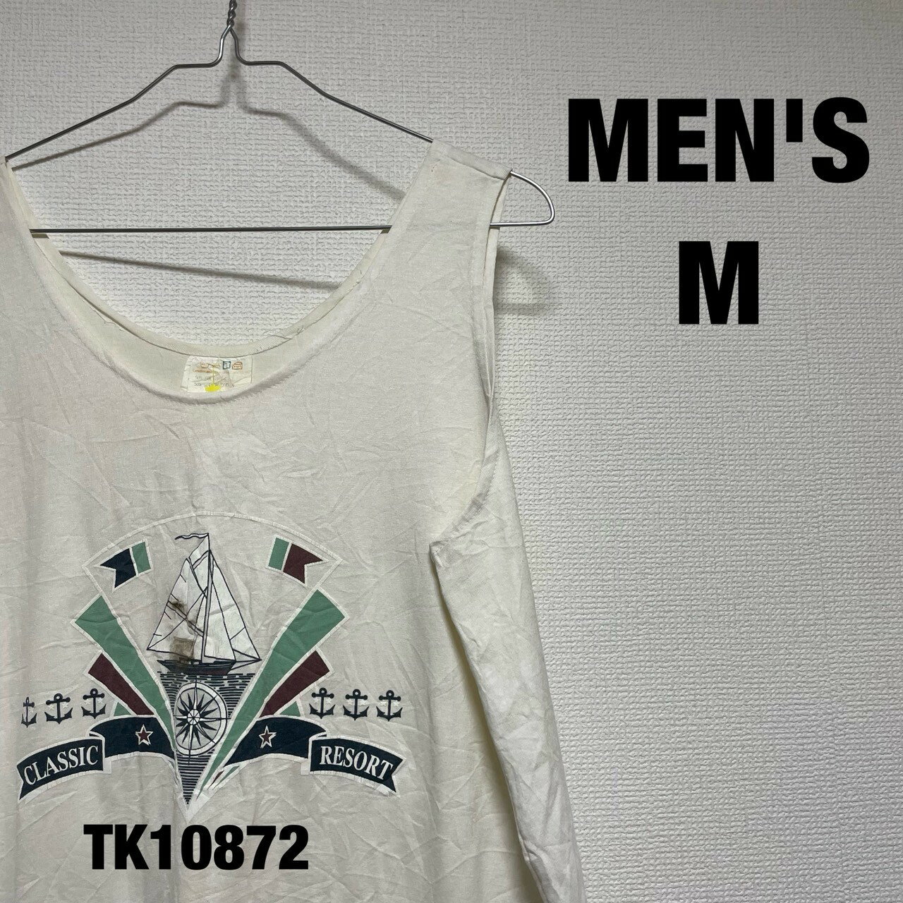 【中古】タンクトップ ノースリーブ 絞り付き M ホワイト ビッグプリント ロング丈 春夏 船 クラシックリゾート 古着 TK10872