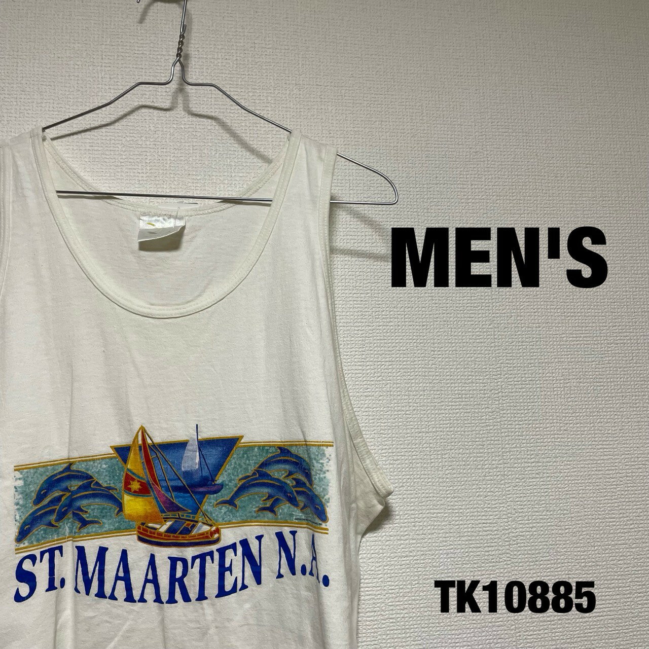 【中古】タンクトップ ノースリーブ ホワイト ビッグプリント 船 イルカ アニマル セント・マーチン島 春夏 古着 TK10885