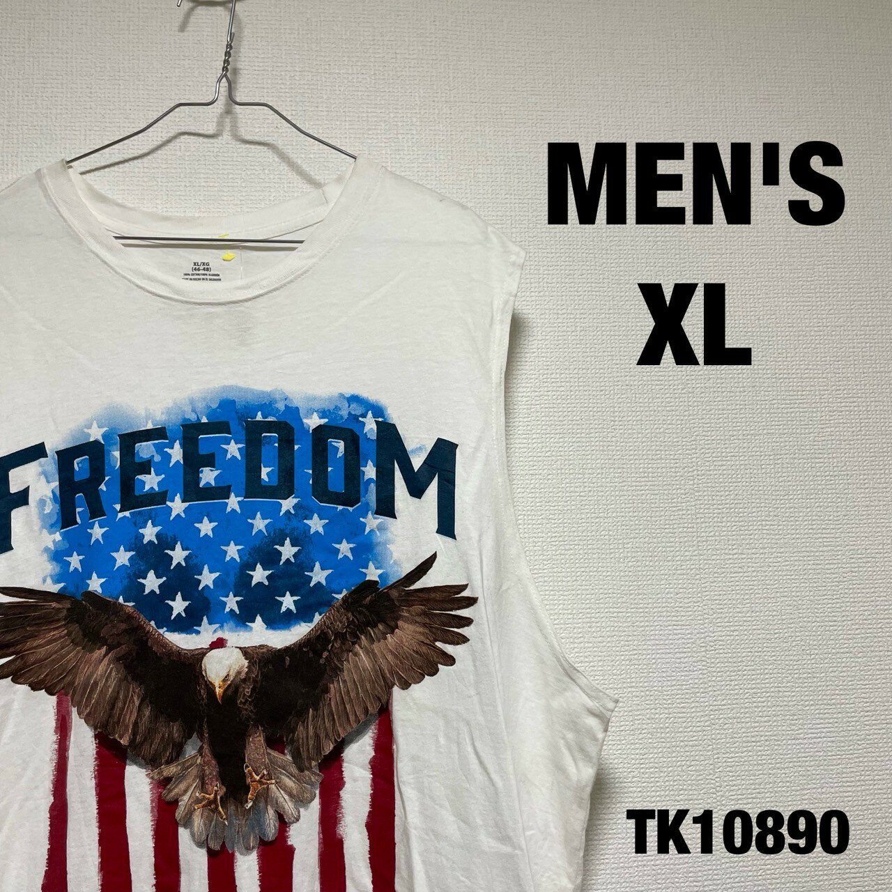【中古】タンクトップ ノースリーブ XL ホワイト ビッグプリント クルーネック アメリカ ワシ イーグル 鳥 春夏 RN52469 古着 TK10890