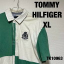 【中古】TOMMY HILFIGER 半袖シャツ XL ホワイト グリーン ラガーシャツ 背番号8 スポーツウェア 春夏 トミーヒルフィガー RN77806 古着 TK10963