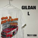 【中古】GILDAN Tシャツ 半袖 L ホワイト ビッグプリント 車 ストックカー レーシングカー スポーツカー イラスト ギルダン RN93846 古着 T...