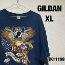 【中古】GILDAN Tシャツ 半袖 XL ネイビー ビッグプリント イラスト 鳥 ワシ アニマル USA アメリカ国旗 星条旗 ギルダン RN93846 古着...
