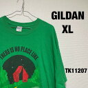 【中古】GILDAN Tシャツ 半袖 XL グリーン ビッグプリント イラスト 森 キャンプ テント ギルダン RN93846 古着 TK11207