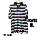 【中古】OAKTON 半袖ポロシャツ ネイビー XL USA製 ボーダー 薄手 コットンポリ EXTRA TALL 春夏 襟付き 古着 TK11296