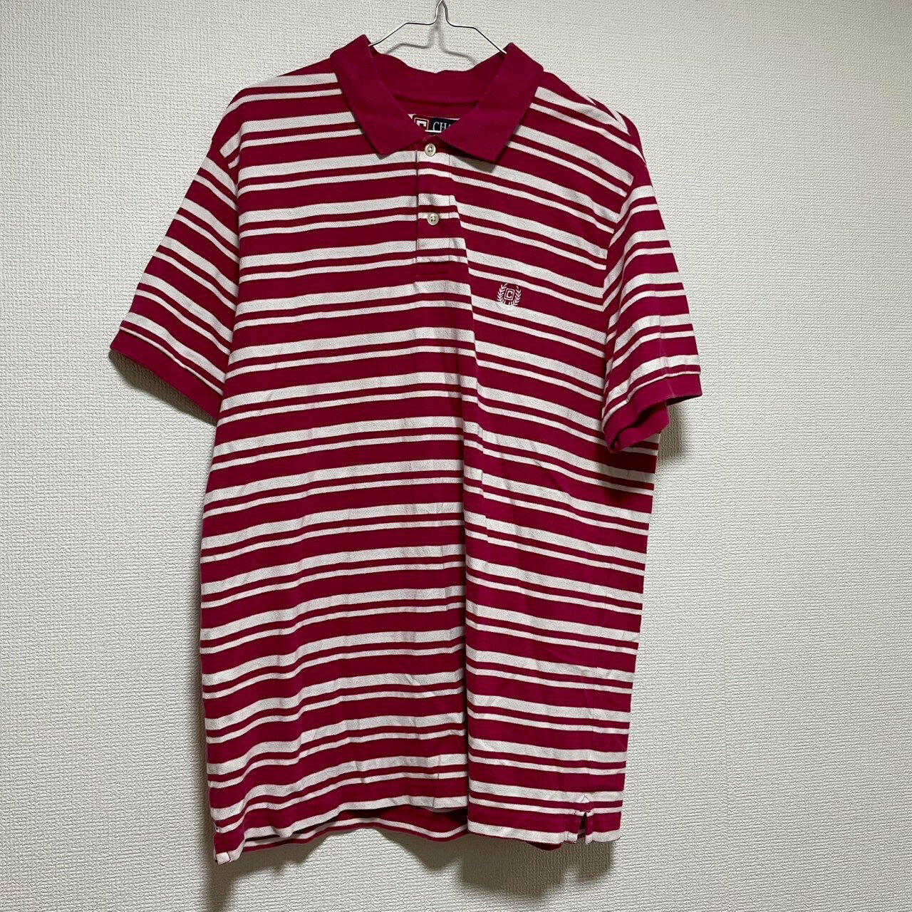 【中古】 CHAPS ポロシャツ 半袖 L ショッキングピンク ボーダー柄 刺繍 チャップス 春夏 古着 TK11484