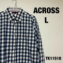 【中古】ACROSS シャツ 長袖 L ネイビー チェック柄 柄シャツ 胸ポケット 袖ストライプ アクロス 古着 TK11518
