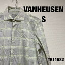 【中古】VANHEUSEN シャツ 長袖 S ライトグリーン グレー チェック柄 スリムフィット FLASH FX ヴァンヒューゼン 古着 TK11582