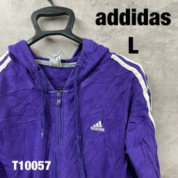 【中古】adidas 紫 パープル ジップアップ フーディー フード パーカー L 長袖 ワンポイントロゴ レディース T10057