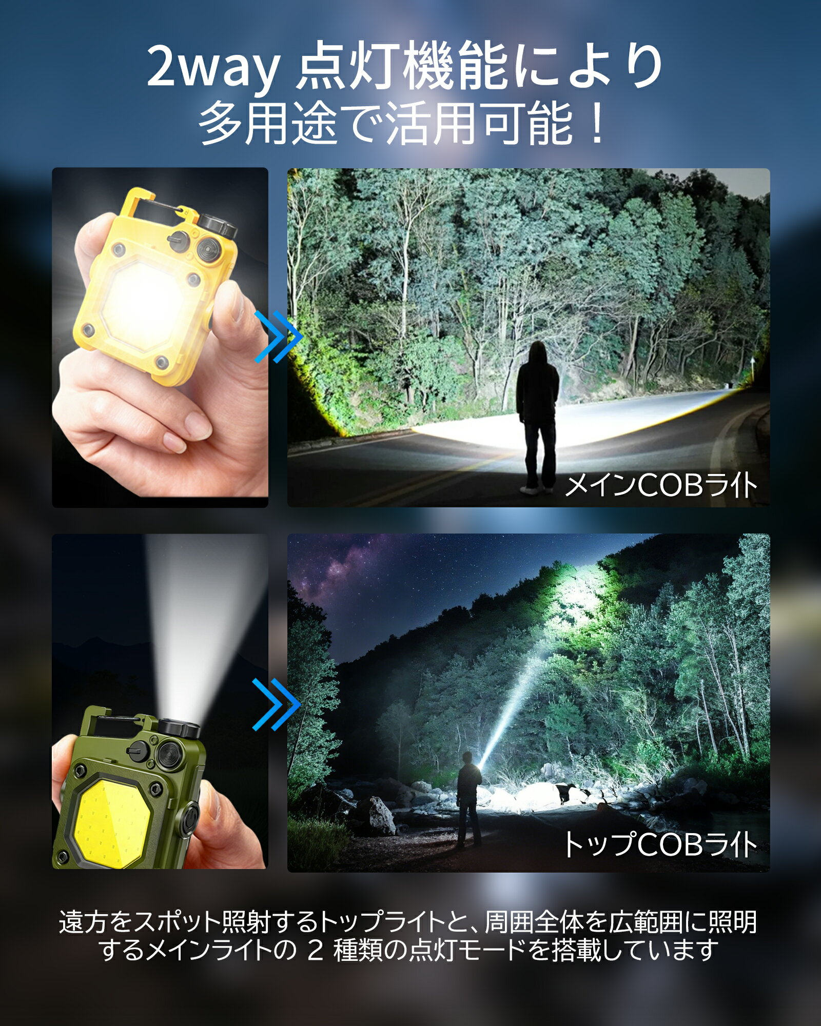 LED 充電式 ワークライト 2台セット 作業灯 マグネット付き キーホルダー COB投光器 高輝度1000ルーメン キーチェーン型 6照明モード+2WAY点灯 防水仕様カラビナ クリップ マグネット付き 折りたたみスタンド ボトルオープナー機能 アウトドア・キャンプ
